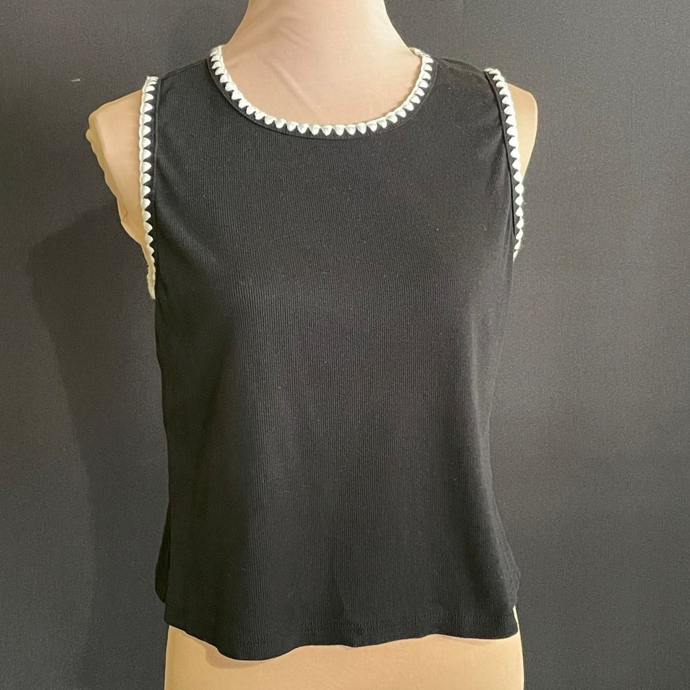 Serra Tank Top Womens XL Black Good Ribbed Knit Ric Rac Trim Sleeveless